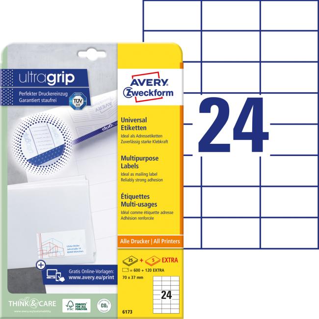 Universal-Etiketten 70 x 37 mm, Avery A4, 25 + 5 Blatt
