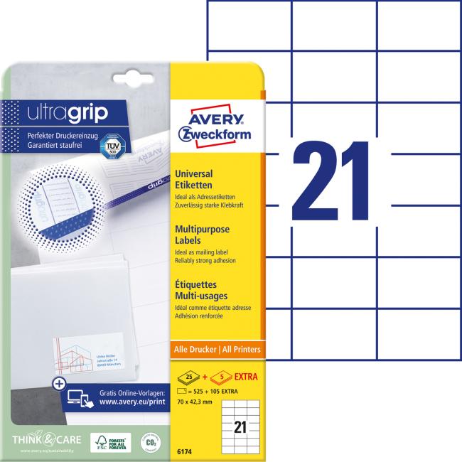 [AV006174] Universal-Etiketten 70 x 42,3 mm, Avery A4, 25 + 5 Blatt