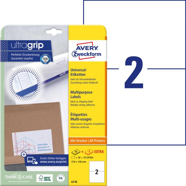 [AV006176] Universal-Etiketten 210 x 148 mm, Avery A4, 25 + 5 Blatt
