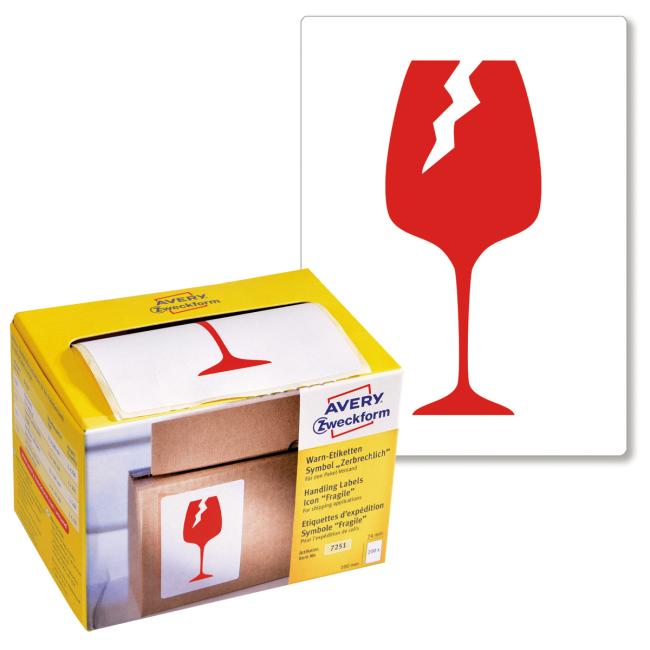 [AV007251] Avery-Etiketten mit Warnsymbol „Zerbrechlich“, 74 x 100 mm, auf einer Rolle