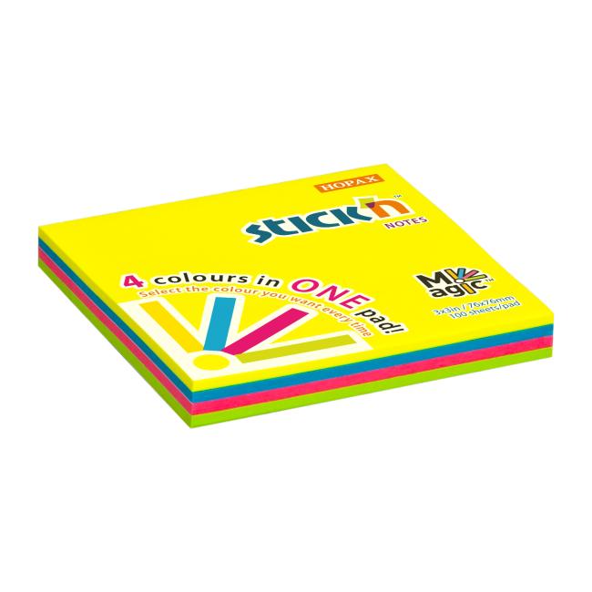 Stick'n Hopax MAGIC selbstklebender Notizblock, 4 Neonfarben, 76 x 76 mm, 100 Blatt
