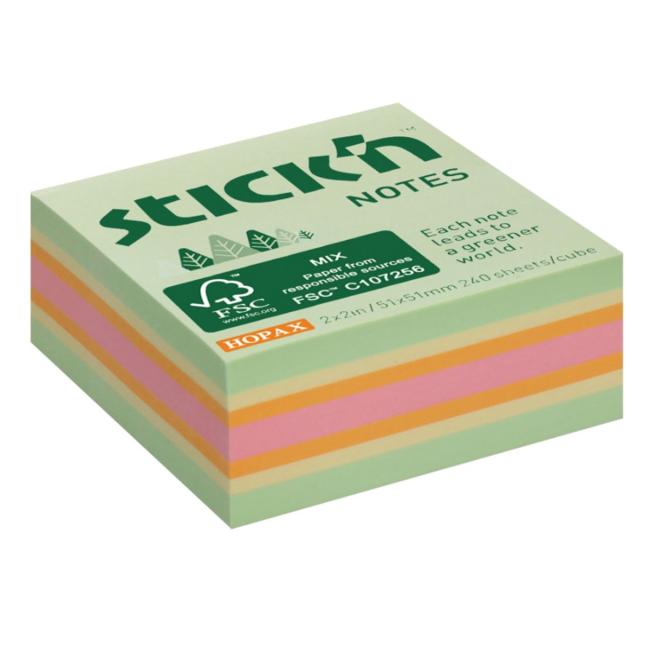 Stick'n Hopax Mini-Notizblock, selbstklebend, 51 x 51 mm, Pastellfarben Waldmix, 240 Blatt