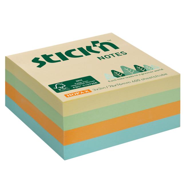 Stick'n Hopax selbstklebender Notizblock 76x76mm, Pastellfarben, Wiesenmix, 400 Blatt