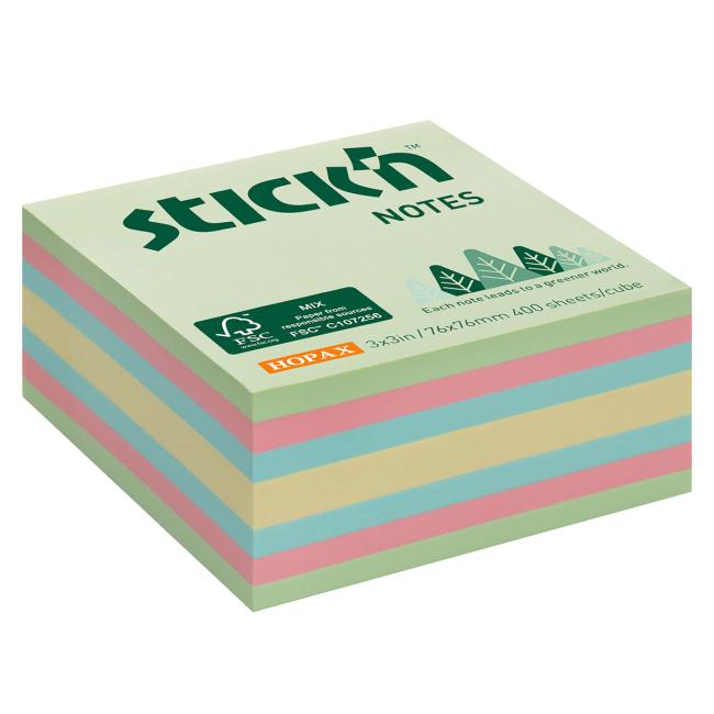 [AV021891] Stick'n Hopax selbstklebender Notizblock, 76 x 76 mm, Wald-Pastellmix, 400 Blatt