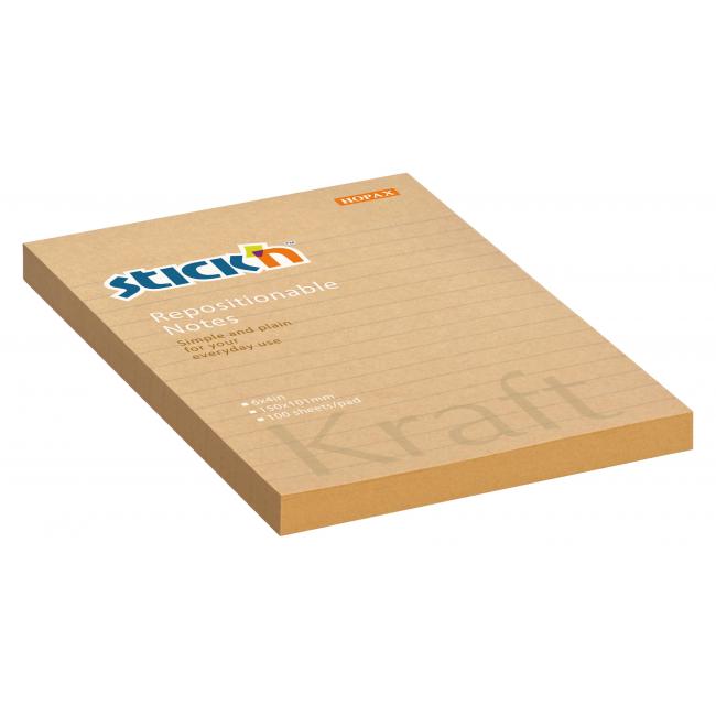 Stick'n Hopax Kraft selbstklebender Notizblock, 150 x 101 mm, naturbraun, liniert