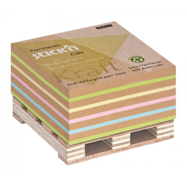 Stick'n Hopax selbstklebender Notizblock auf einer Palette, 76 x 76 mm, 400 Blatt, Mischung aus Kraftpapier und Pastellfarben