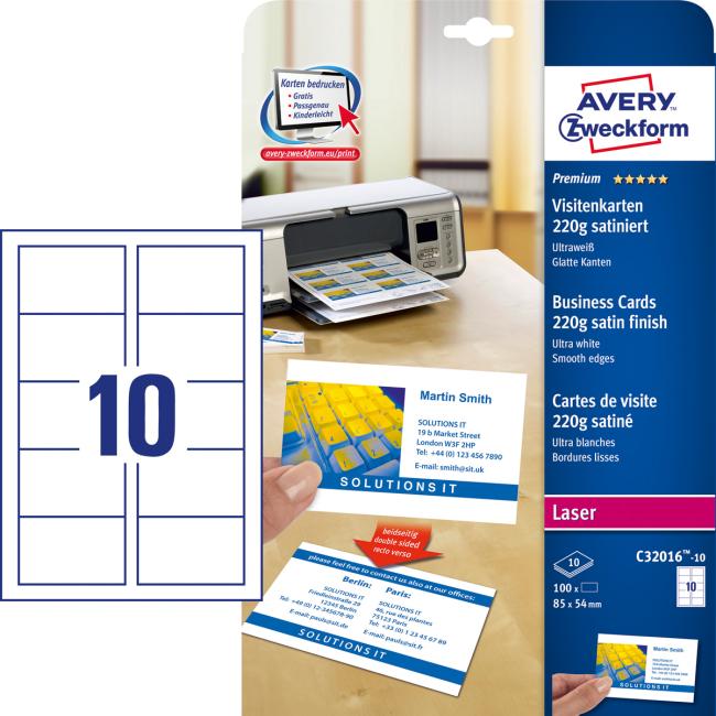 Visitenkarten, 85 x 54 mm, Avery, A4, seidenmatt, ultraweiß, 220 g