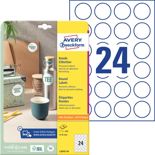 Universelle runde Etiketten 40 mm, Avery A4, 10 Blatt