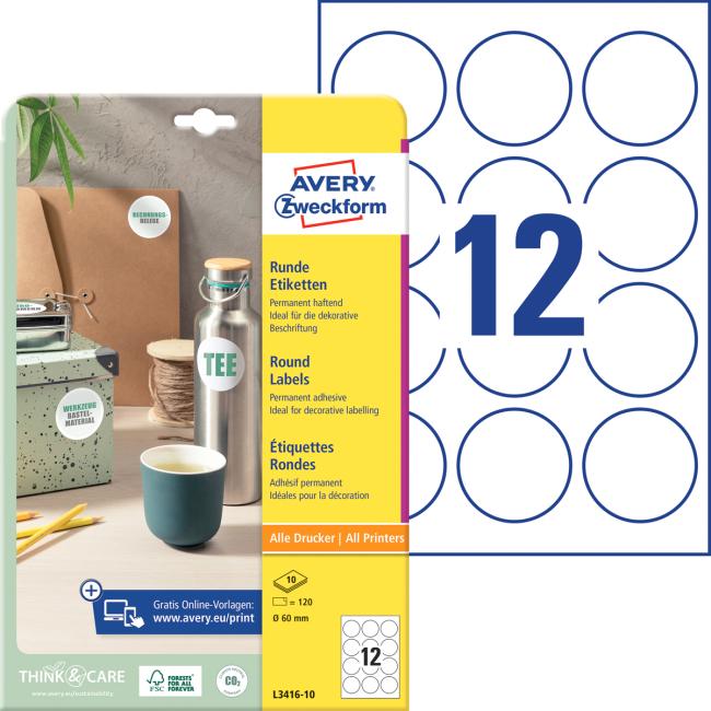 [AV341610] Universelle runde Etiketten 60 mm, Avery A4, 10 Blatt