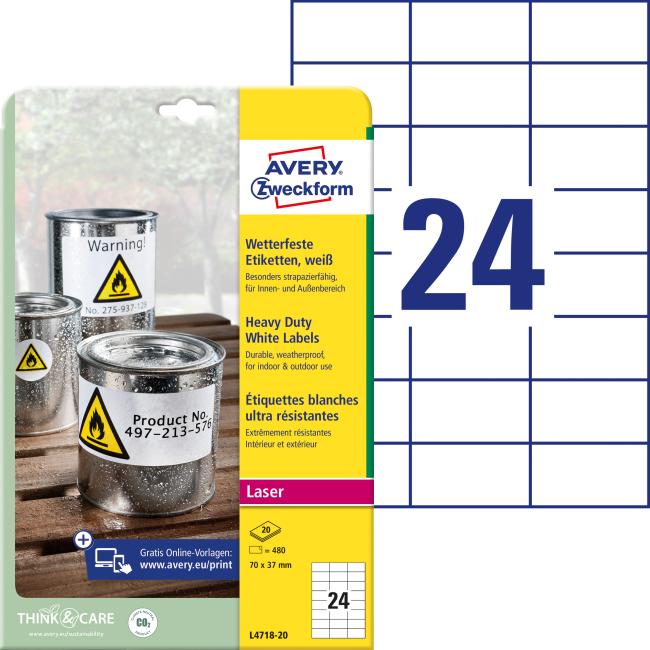 [AV471820] Polyesteretiketten, sehr strapazierfähig, 70 x 37 mm, Avery A4, weiß, 20 Blatt