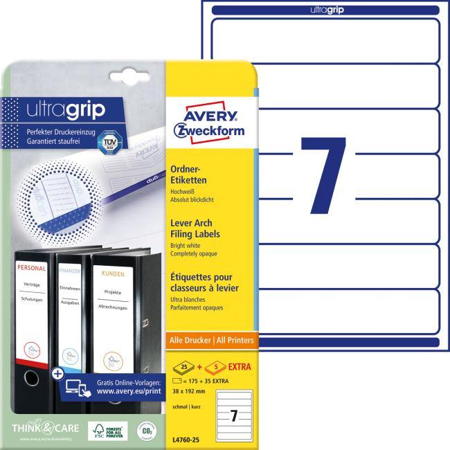 [AV476025] Universal-Etiketten für Ordner 38 x 192 mm, Avery A4, 25 + 5 Blatt