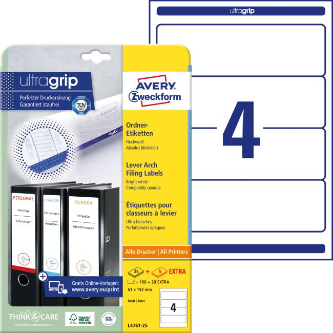 [AV476125] Universelle Etiketten für Ordner 61 x 192 mm, Avery A4, 25 + 5 Blatt