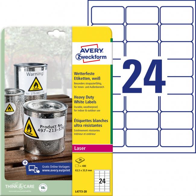 [AV477320] Polyesteretiketten, sehr strapazierfähig, 63,5 x 33,9 mm, Avery A4, weiß, 20 Blatt