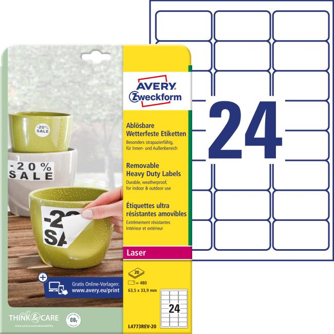 [AV477321] Polyesteretiketten, sehr strapazierfähig, 63,5 x 33,9 mm, Avery A4, weiß, ablösbar, 20 Blatt