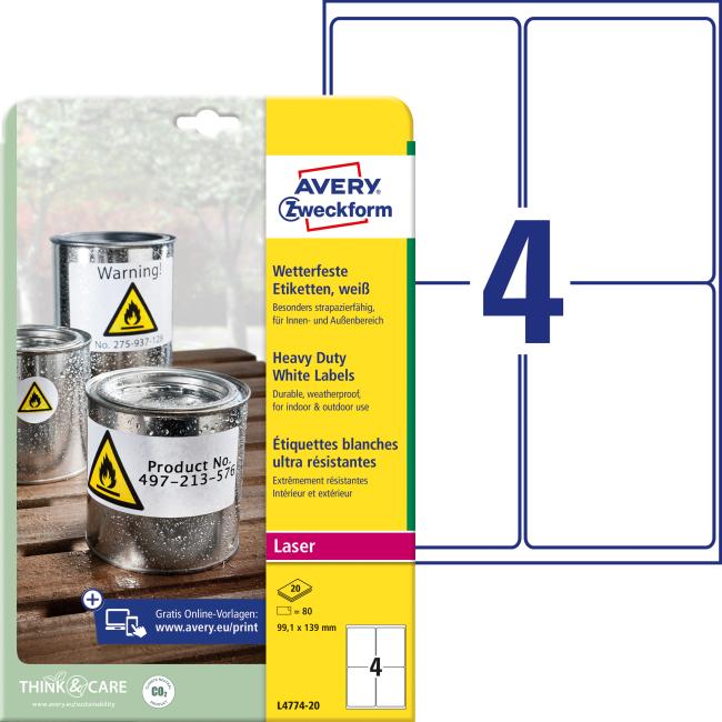 Polyesteretiketten, sehr strapazierfähig, 99,1 x 139 mm, Avery A4, weiß, 20 Blatt