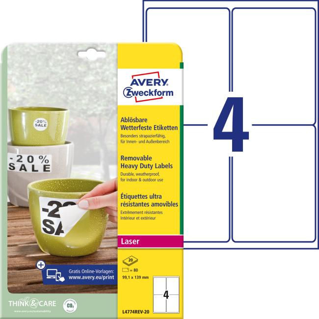 [AV477421] Sehr strapazierfähige Polyesteretiketten, 99,1 x 139 mm, Avery A4, weiß, ablösbar, 20 Blatt