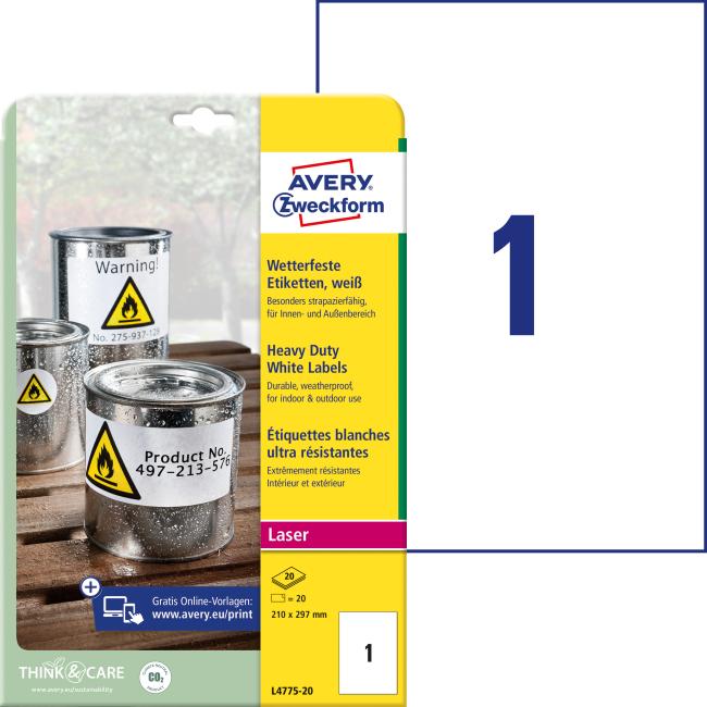 [AV477520] Polyesteretiketten, sehr strapazierfähig, 210 x 297 mm, Avery A4, weiß, 20 Blatt