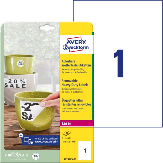 Polyesteretiketten, sehr strapazierfähig, 210 x 297 mm, Avery A4, weiß, ablösbar, 20 Blatt