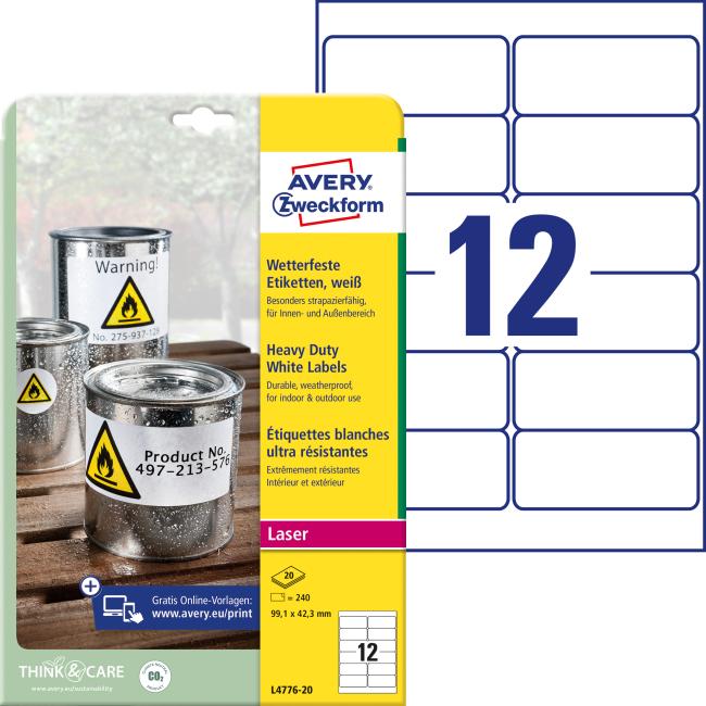 [AV477620] Polyesteretiketten, sehr strapazierfähig, 99,1 x 42,3 mm, Avery A4, weiß, 20 Blatt
