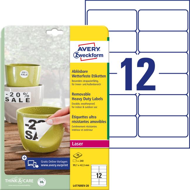 Polyesteretiketten, sehr strapazierfähig, 99,1 x 42,3 mm, Avery A4, weiß, ablösbar, 20 Blatt