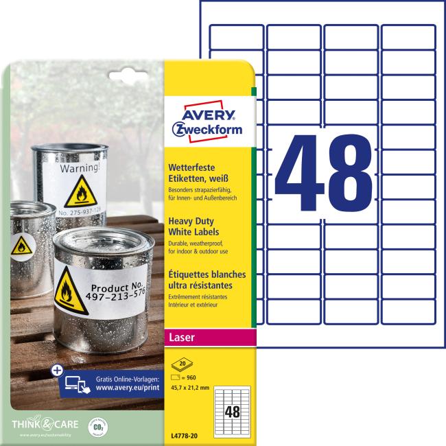 [AV477820] Polyesteretiketten, sehr strapazierfähig, 45,7 x 21,2 mm, Avery A4, weiß, 20 Blatt