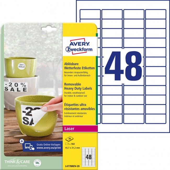 [AV477821] Polyesteretiketten, sehr strapazierfähig, 45,7 x 21,2 mm, Avery A4, weiß, ablösbar, 20 Blatt