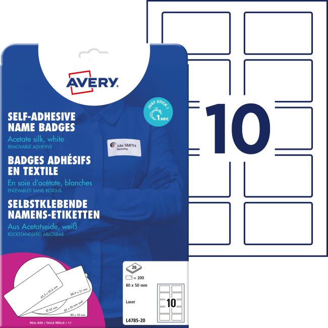 Avery Selbstklebeetiketten für Textilien 80 x 50 mm, Material Acetatseide