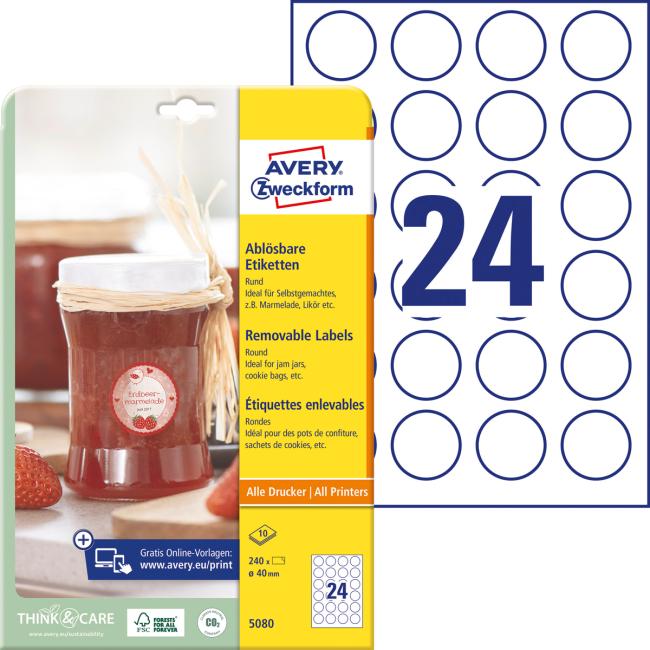 [AV508010] Avery 40 mm runde Etiketten, 10 Blatt, weiß