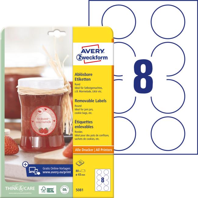 Avery 65 mm runde Etiketten, 10 Blatt, weiß