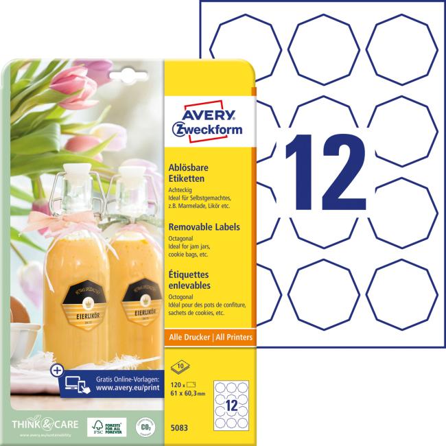 [AV508310] Achteckige Etiketten 61 x 60,3 mm, Avery, 10 Blatt, weiß
