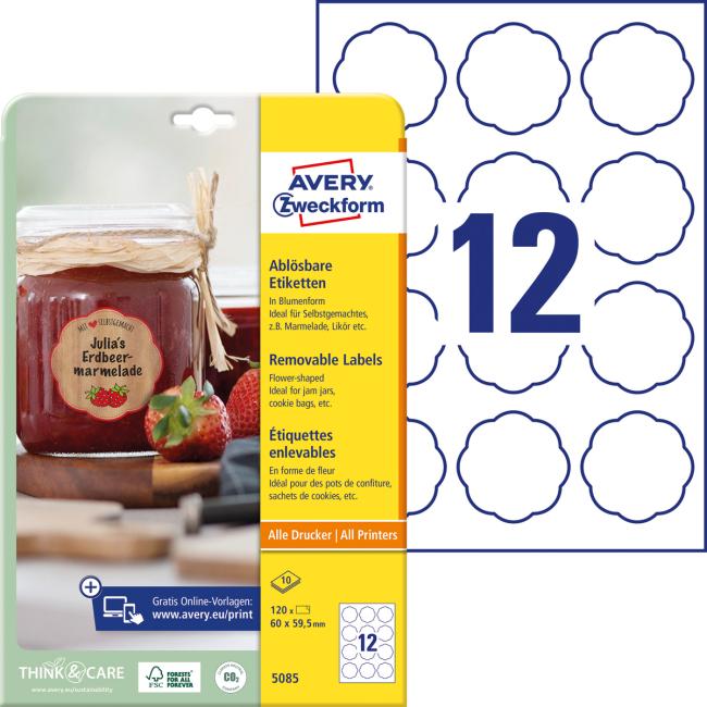 [AV508510] Blumenförmige Etiketten 60 x 59,5 mm, Avery, 10 Blatt, weiß