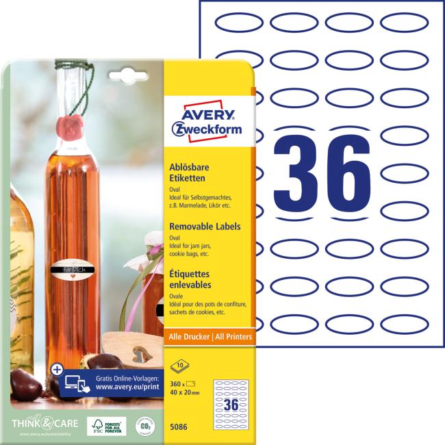 [AV508610] Ovale Etiketten 40x20mm Avery 10 Blatt weiß