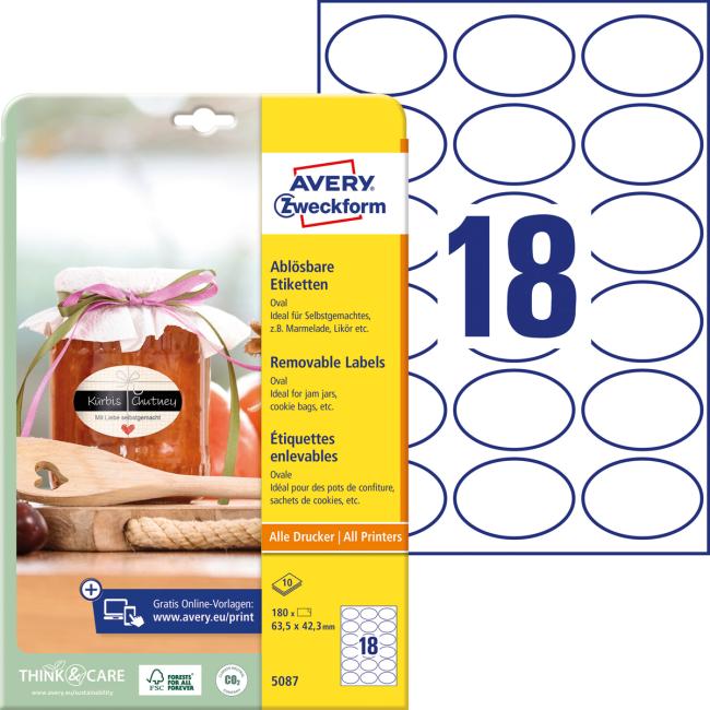 Ovale Etiketten 63,5 x 42,3 mm, Avery, 10 Blatt, weiß