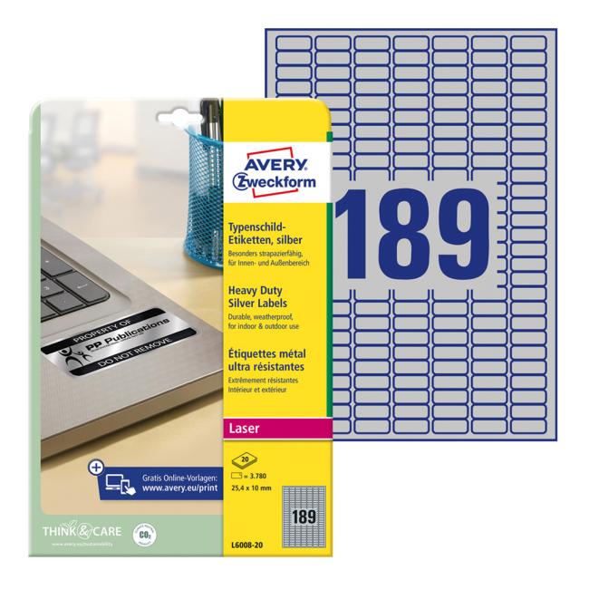 [AV600820] Polyesteretiketten, sehr strapazierfähig, 25,4 x 10 mm, Avery A4, silber, 20 Blatt