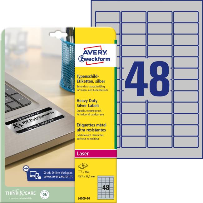 [AV600920] Polyesteretiketten, sehr strapazierfähig, 45,7 x 21,2 mm, Avery A4, silber, 20 Blatt