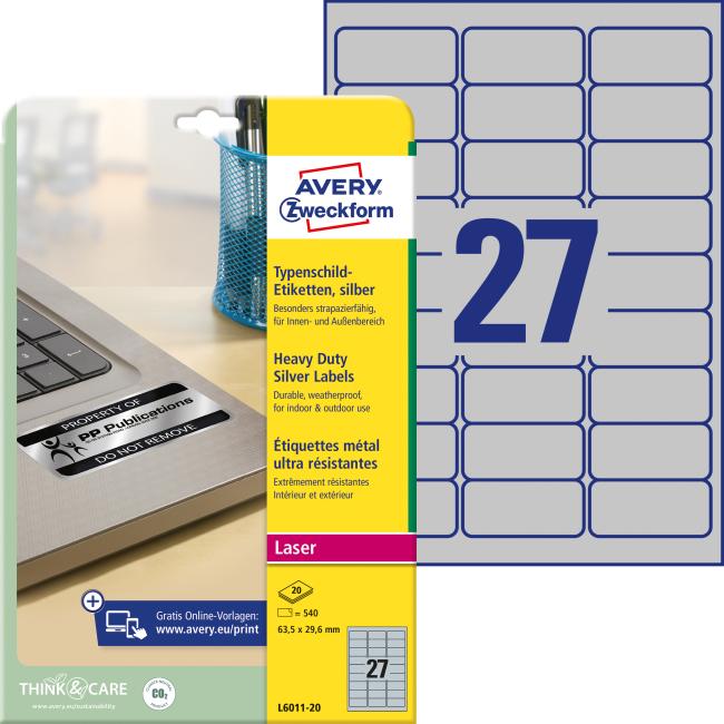 Polyesteretiketten, sehr strapazierfähig, 63,5 x 29,6 mm, Avery A4, silber, 20 Blatt