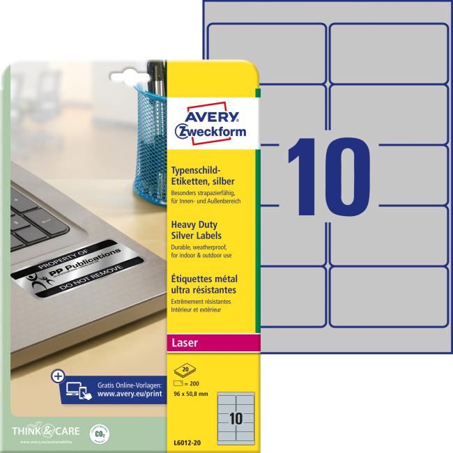 [AV601220] Polyesteretiketten, sehr strapazierfähig, 96 x 50,8 mm, Avery A4, silber, 20 Blatt