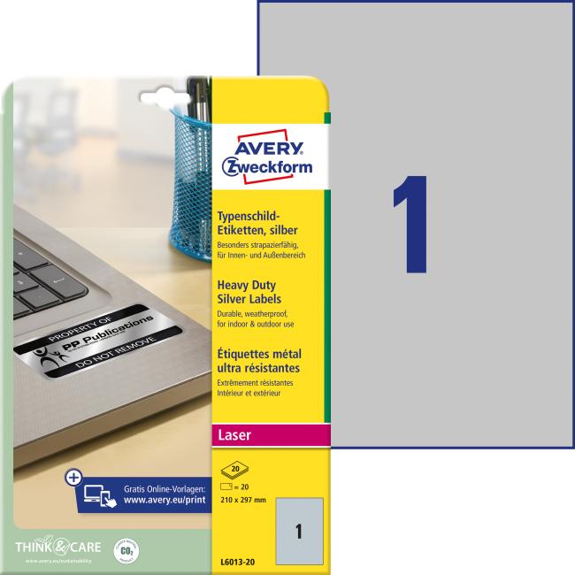 [AV601320] Polyesteretiketten, sehr strapazierfähig, 210 x 297 mm, Avery A4, silber, 20 Blatt