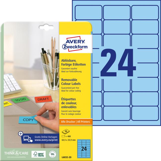 Avery-Etiketten, ablösbar, 63,5 x 33,9 mm, blau