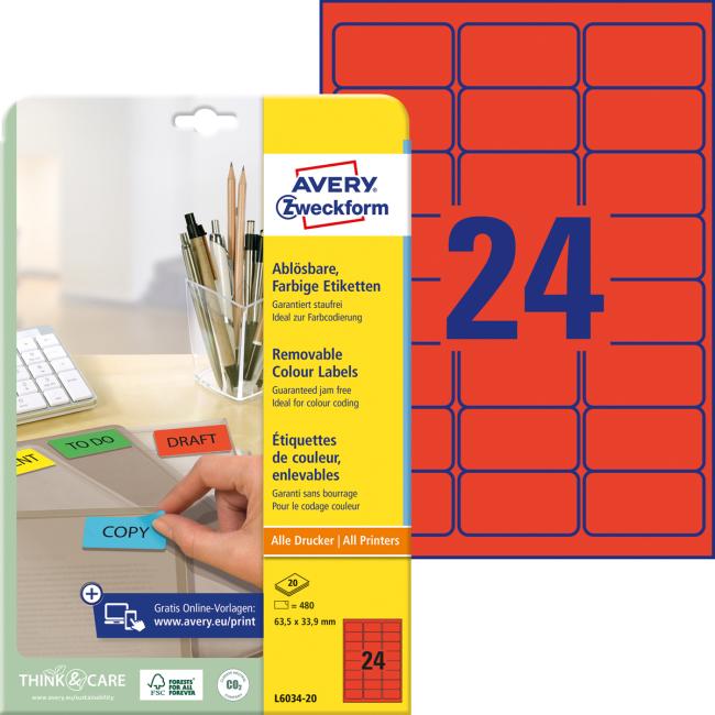Avery-Etiketten, ablösbar, 63,5 x 33,9 mm, rot