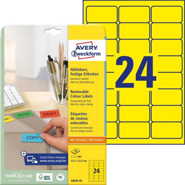 [AV603520] Avery-Etiketten, ablösbar, 63,5 x 33,9 mm, gelb