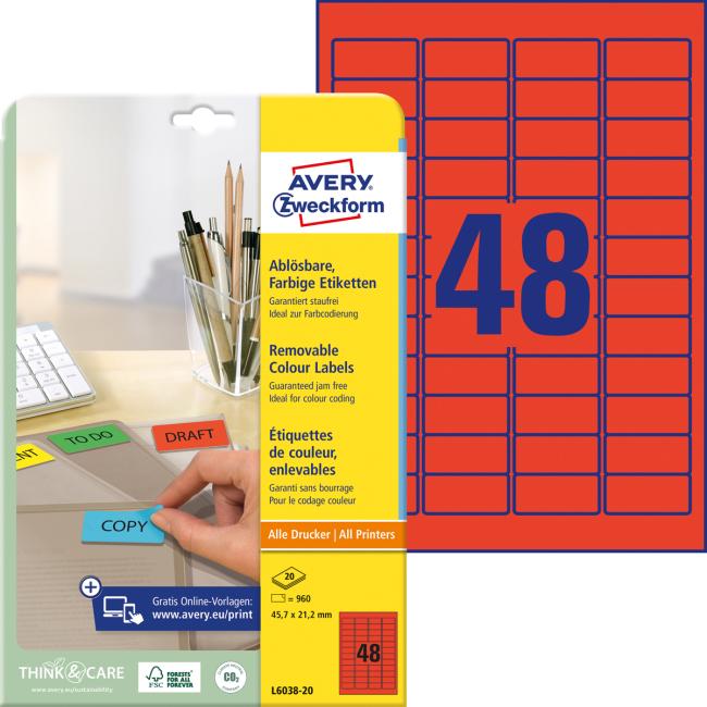 [AV603820] Avery-Etiketten, ablösbar, 45,7 x 21,2 mm, rot