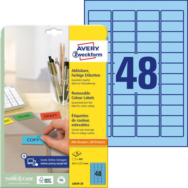 [AV603920] Avery-Etiketten, ablösbar, 45,7 x 21,2 mm, blau