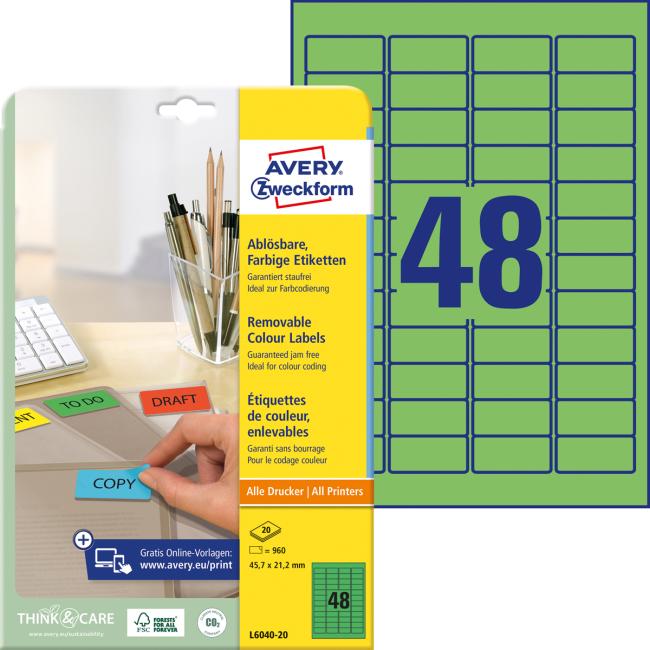 [AV604020] Avery-Etiketten, ablösbar, 45,7 x 21,2 mm, grün