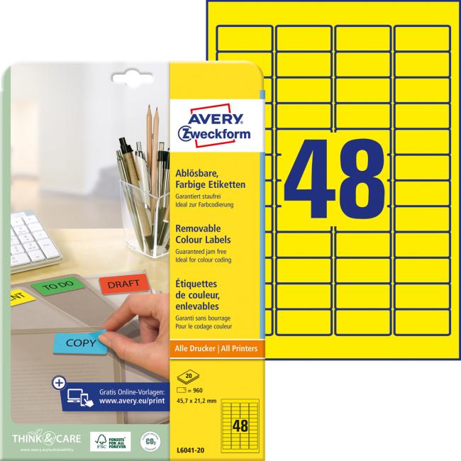 [AV604120] Avery-Etiketten, ablösbar, 45,7 x 21,2 mm, gelb