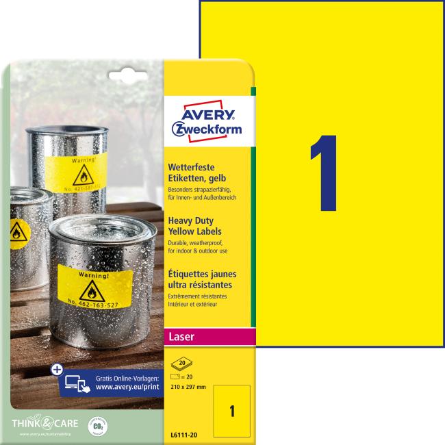 [AV611120] Polyesteretiketten, sehr strapazierfähig, 210 x 297 mm, Avery A4, gelb, 20 Blatt