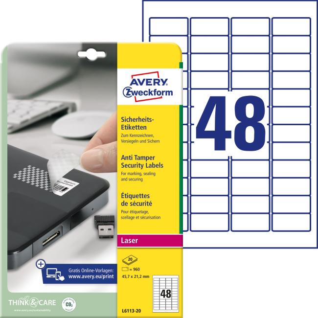 [AV611320] Avery Hochleistungs-Spezialetiketten „Schachbrettmuster“, 45,7 x 21,2 mm, A4, Weiß, 20 Blatt