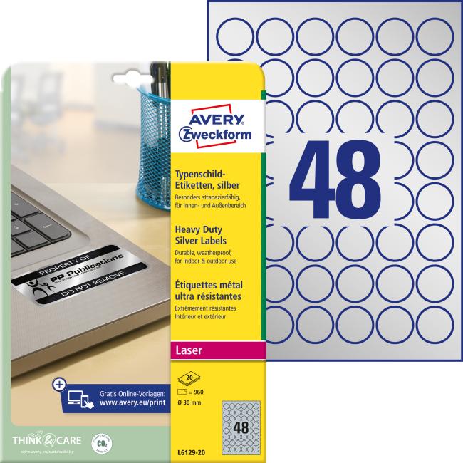 [AV612920] Sehr strapazierfähige Polyesteretiketten, rund, Durchmesser 30 mm, Avery A4, silber, 20 Blatt