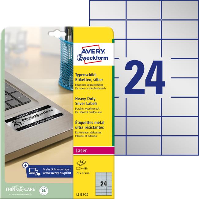 Polyesteretiketten, sehr strapazierfähig, 70 x 37 mm, Avery A4, silber, 20 Blatt