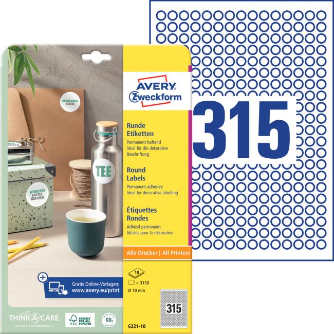 [AV622110] Universelle runde Etiketten 10 mm, Avery A4, 10 Blatt